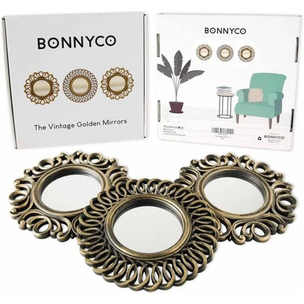 Wall Mirrors Pack of 3 Round Gold Mirrors for Home Decor Bedroom & Living Room
